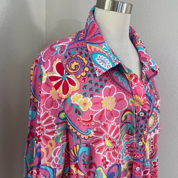 Talbots Plus 3X Vibrant Mod Floral Cotton Button Up Shirt Long Sleeve Blouse - Picture 4 of 12